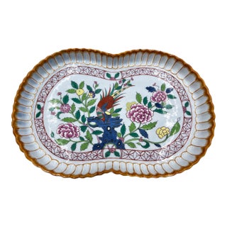 1960s Rare Herend Hungary Hand-Painted Porcelain Footed Vine Dish - Orange Pheasant & Floral For Sale