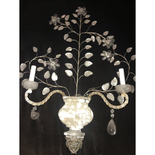 Pair of Rock Crystal Wall Sconces with Silver Leaves. Vintage 20th Century
