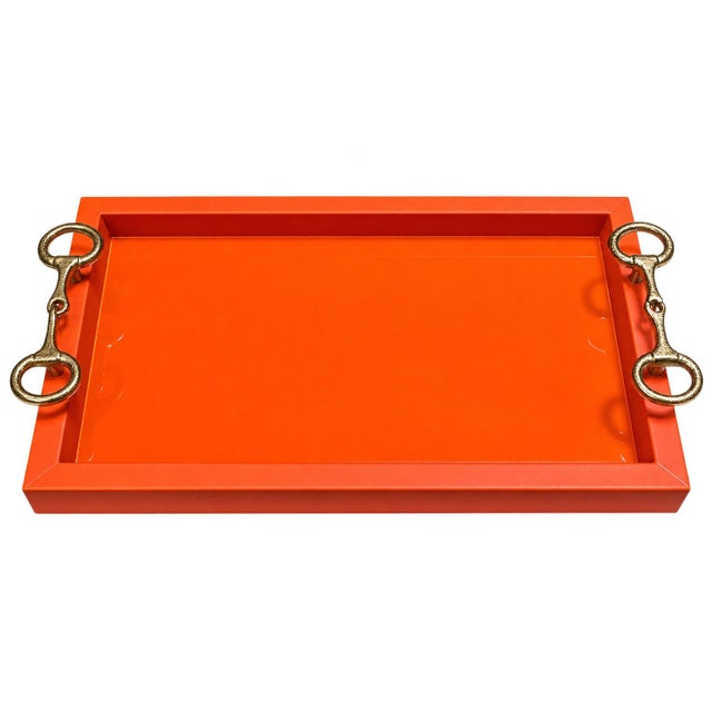 Contemporary Equestrian Horse Bits Hermes Style Orange Glossy Glass Decorative Cocktail Tray For Sale - Image 3 of 6