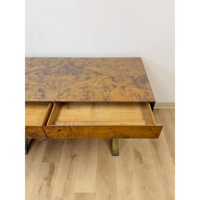 Vintage John Stuart MCM Burlwood Executive Desk Bronze Legs Glass Top Collectable For Sale - Image 12 of 13