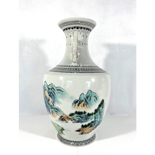 Vintage Chinese White Porcelain Vase With Traditional Mountain & Lake Landscape Scenes For Sale - Image 4 of 8