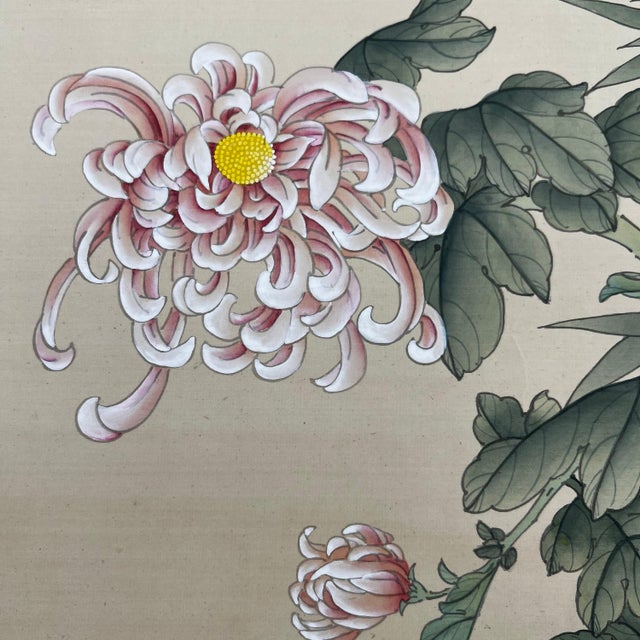 34” x 23” hand-painted silk panel // pair of quail and Chinese chrysanthemums with silk brocade border // vintage artwork // Chinoiserie For Sale - Image 4 of 8