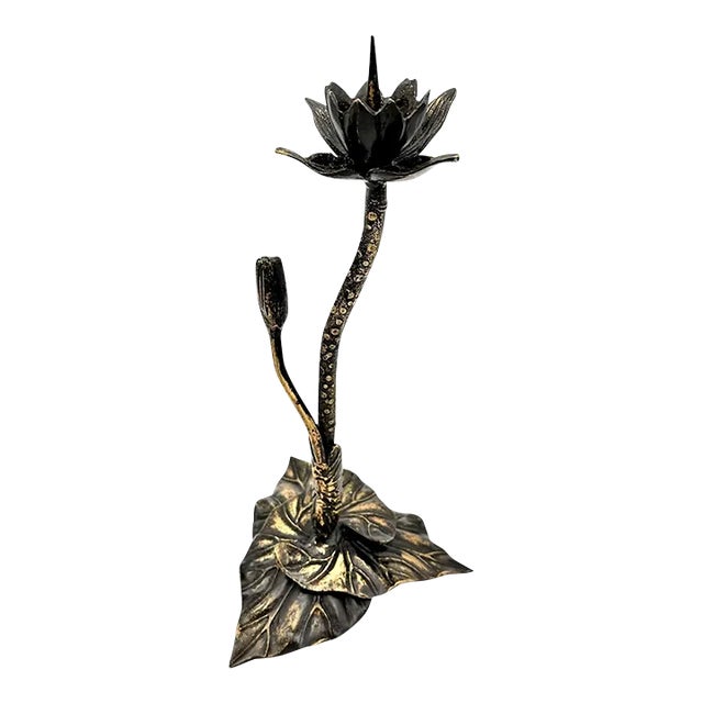 Antique Arts & Crafts Bronze Flower and Leaves Candleholder For Sale