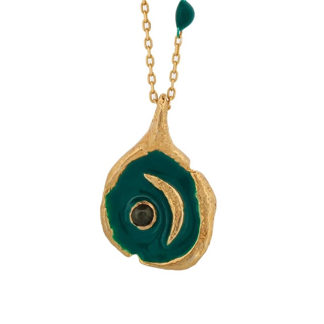 New Beginning Green Moon Enamel Chain Gold Necklace For Sale - Image 4 of 8