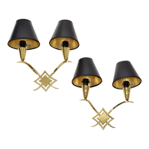 Jules Leleu Style Bronze Sconces 2 Arm Wall Lights France Black & Gold Shades
