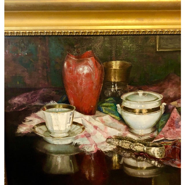 1920s Nina Karasek, 1925 Viennese Oil Painting Interior Still Life with Porcelain Vase, Tapestry Rug, 1925 For Sale - Image 5 of 14