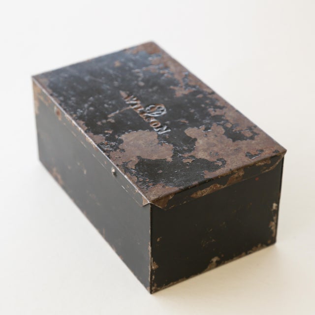 Shabby Chic 1930s Vintage Industrial Metal Steel Tool Box With Rusty Patina and Chipping Black Paint For Sale - Image 3 of 17