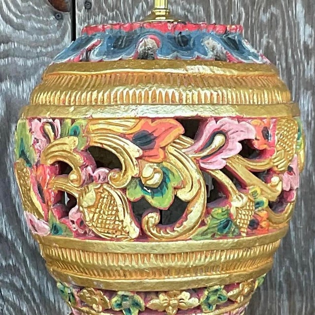 Sand Vintage Boho Carved Wood Table Lamp For Sale - Image 8 of 13