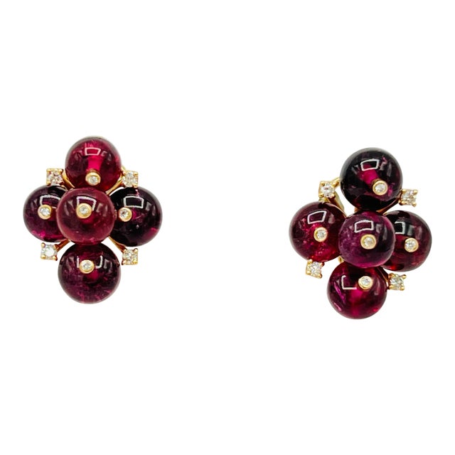 Mid 20th Century Pink Tourmaline Beads and Diamond Cluster Earrings in 18k Yellow Gold - 2 Pieces For Sale