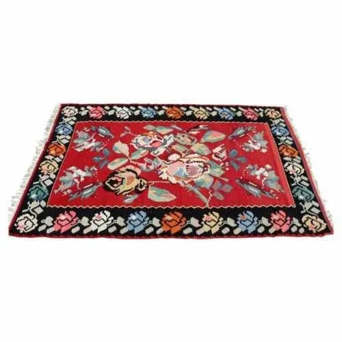 Mid Century Modern Kilim Wool Area Rug Red Hand Made in Turkey Floral Pattern For Sale - Image 9 of 9