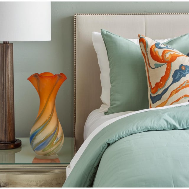 Zareh Orange Art Glass Fazzoletto Vase With Green Blue Swirl For Sale - Image 11 of 18