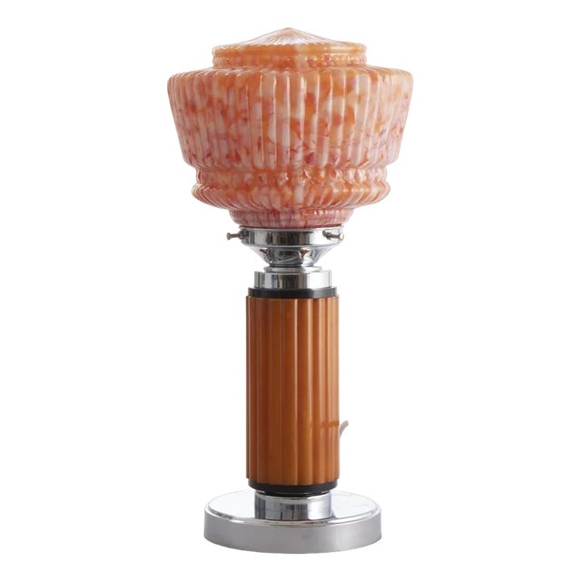 Art Deco Table Lamp with Phenolic Column and Glass Shade, 1930s For Sale