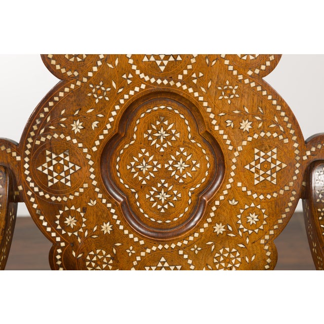 Moroccan Richly Inlaid Armchair with Carved Back and Scrolling Arms, circa 1900 For Sale - Image 9 of 12