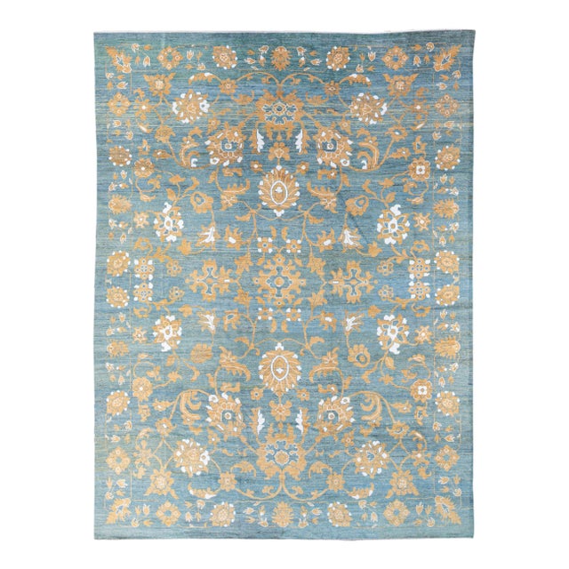 Modern Oversize Oushak Blue Handmade Tribal Floral Wool Rug For Sale