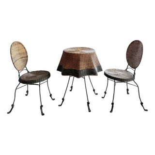 Ghost Draped Wicker Tromp l'Oeil Table + 2 Bistro Chairs, Bohemian Hand Woven For Sale