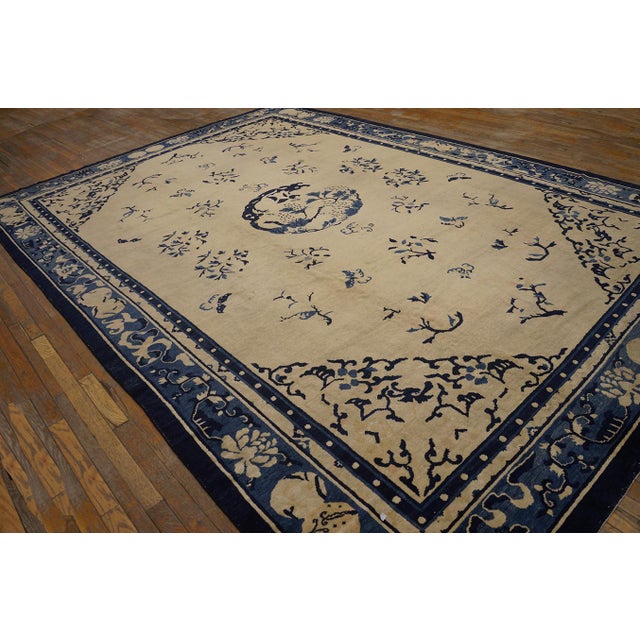 Textile A Beige Field Adorned With Blue Floral Sprays and Central Medallion Antique Chinese Peking Rugug For Sale - Image 7 of 12