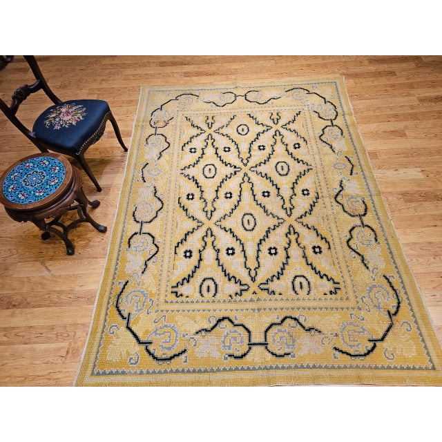 Textile Vintage French Area Rug, Hand-Knotted Wool, Allover Geometric Design, Tan & Black, 6x9 For Sale - Image 7 of 17
