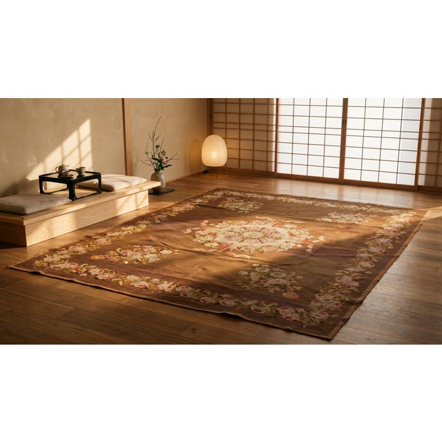 1830s Brown Floral Antique French Empire Aubusson Carpet 8' X 9'3" Flatweave Wool Rug For Sale - Image 10 of 12
