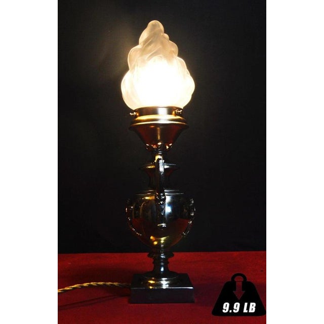 Art Deco Mid-Century Brass Table Lamp with Opaline Flame Shade, 1940s For Sale - Image 16 of 18
