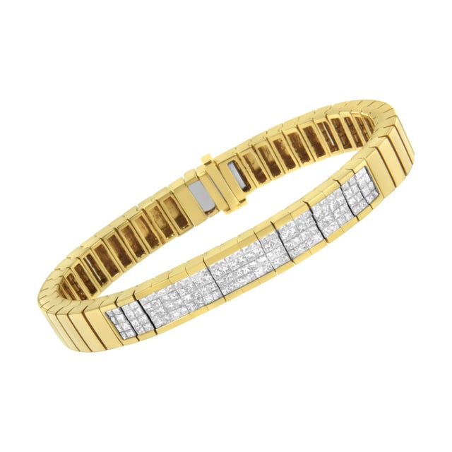 Contemporary 14K Yellow Gold 3 5/8 cttw Invisible Set Princess-Cut Diamond ID Tennis Bracelet - Size 7" For Sale - Image 3 of 7