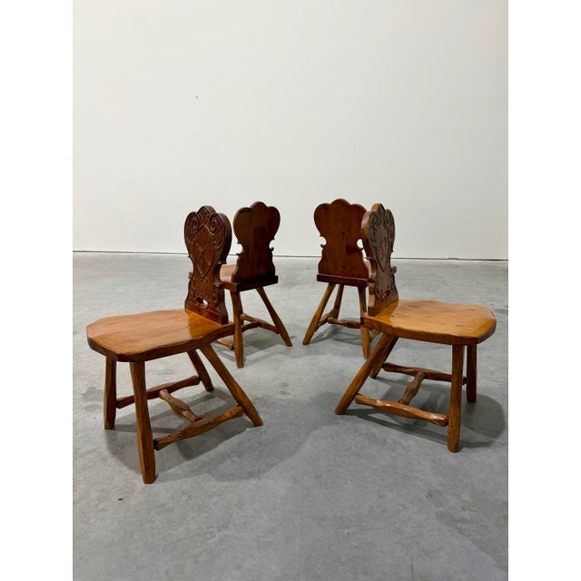 Vintage Brutalist Tyrolean Swiss Alpine Carved Pine Dining Chairs, Set of 4 For Sale - Image 12 of 12