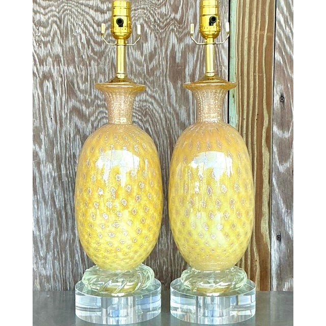 Light Yellow Vintage Regency Art Glass Lamps After Murano - a Pair For Sale - Image 8 of 12