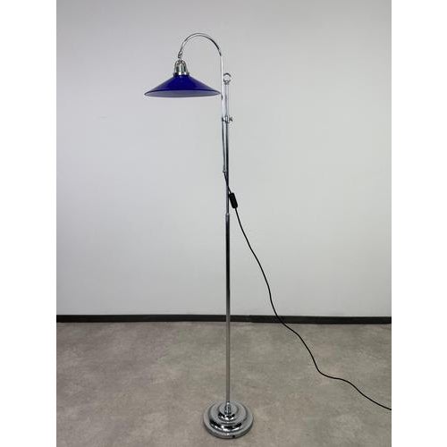 Vintage Adjustable Chrome Floor Lamp with Cobalt Blue Glass Shade, 1950s For Sale - Image 4 of 12