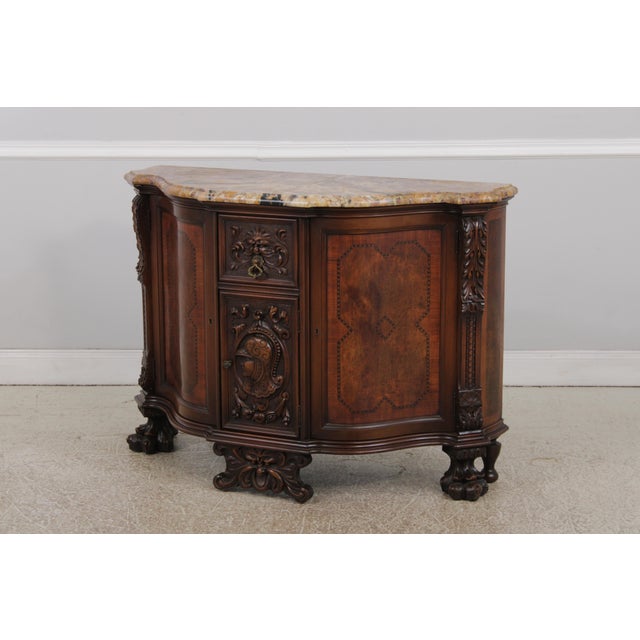 French Vintage Louis XV Style Carved Inlaid Commode Server W. Marble Top For Sale - Image 3 of 18