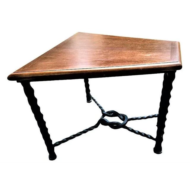 Mediterranean Mid 20th Century Trapezoid Oak and Wrought Iron Side Table For Sale - Image 3 of 7