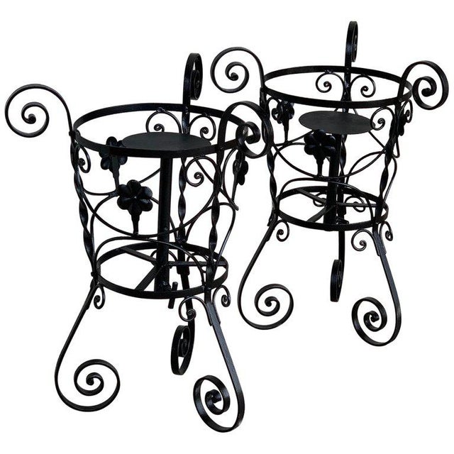 20th Century Set of Two Black Wrought Iron Painted Adjustable Plant Stands For Sale - Image 12 of 12