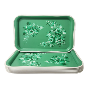 Vintage Green Floral Toleware Style Metal Snack Tray Set – Set of 8