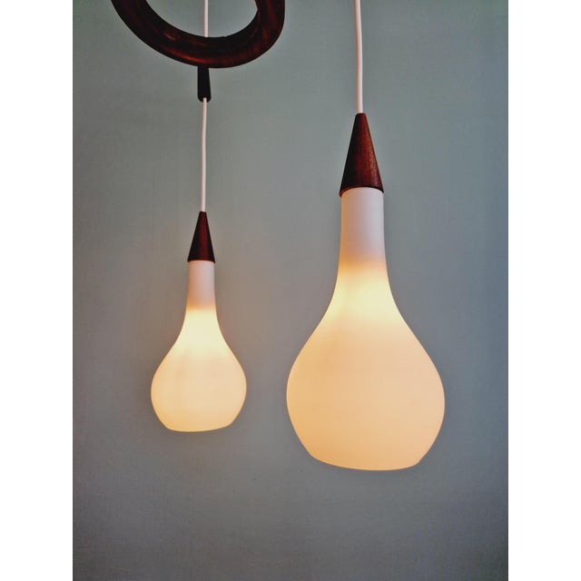 Wood Scandinavian Chandelier in Teak and White Satin Glass, 1960s For Sale - Image 7 of 14