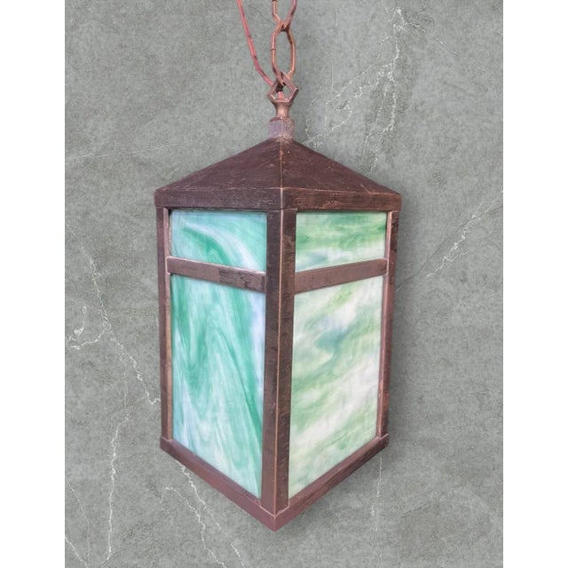 1920s Mission Pendant Light With Green Slag Glass For Sale In South Bend - Image 6 of 6