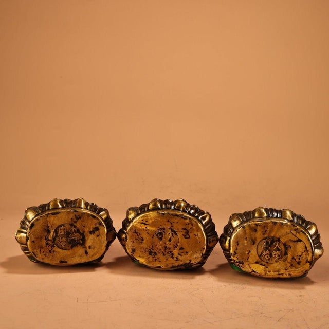 Asian Mid 20th Century Set of 3 Cloisonne Enamel Buddha Figures – 7.1" Gilt Bronze Statues For Sale - Image 3 of 9