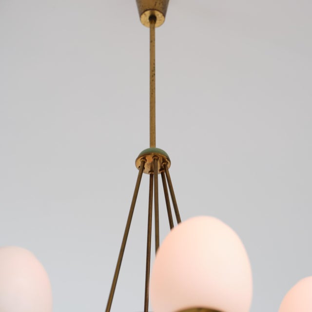 Vintage Italian Chandelier in Brass with Green-Lacquered Metal and Opaline Glass, 1950s For Sale - Image 10 of 12