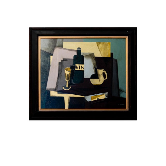 This modernist cubist still life by a. Duparc features geometric and faceted forms in an evocative composition with a wine...