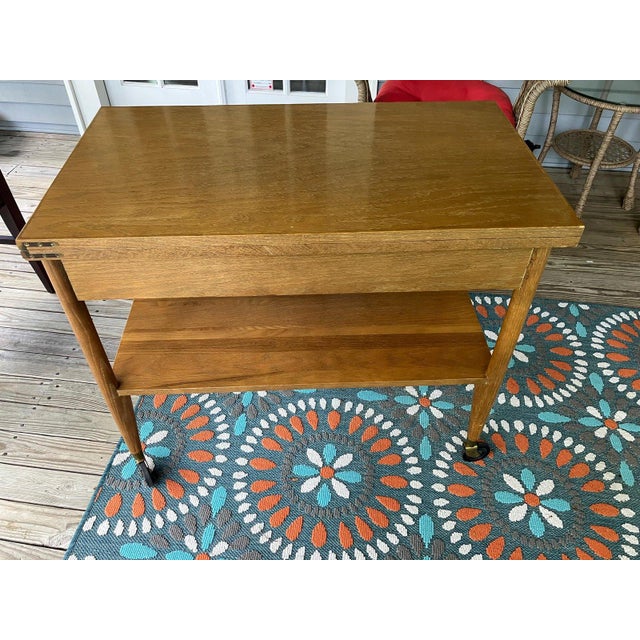 Vintage Scandinavian Mid‑Century Flip‑Top Bar Cart – Solid Oak Serving Trolley on Casters For Sale - Image 17 of 17