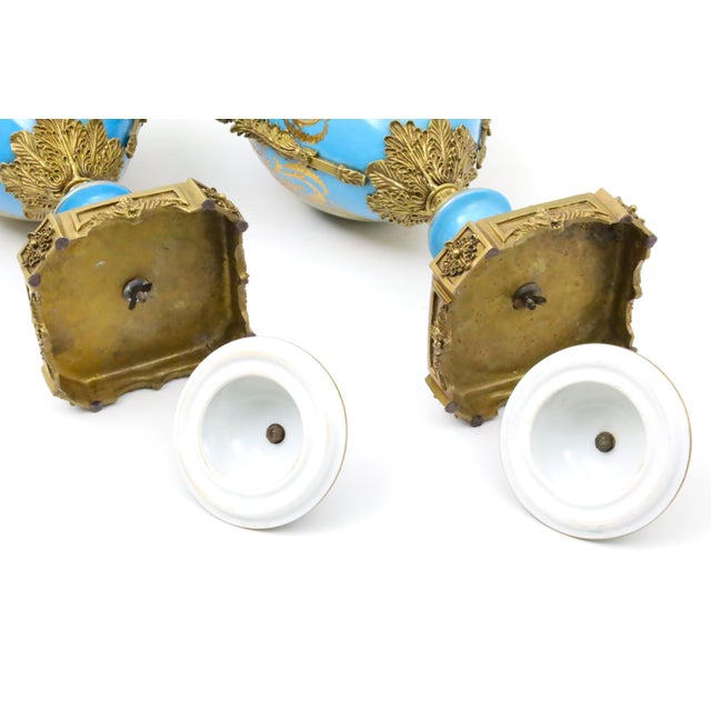 19th Century French Bronze Mounted Porcelain Covered Urns, Robin’s Egg Blue For Sale - Image 10 of 11