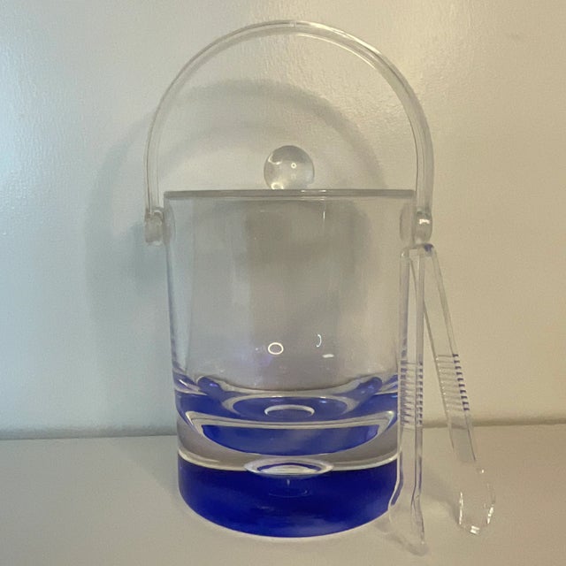 Vintage Contemporary Modern Lucite Blue Cut to Clear Ice Bucket With Tongs For Sale - Image 10 of 10