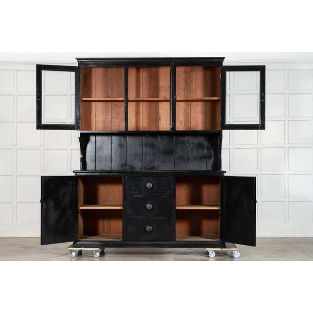 Circa 1890 large ebonised 19thc english pine butlers pantry together w183 x d63 x h230 cm base w182.5 x d63 x h92 cm base...