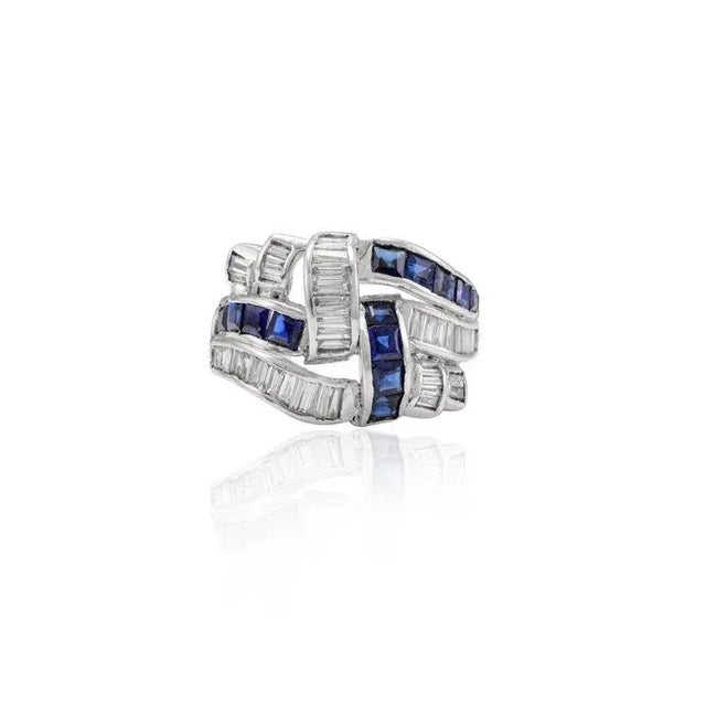 Contemporary Art Deco 1.3ct Blue Sapphire and Diamond Cocktail Ring in 18k White Gold Size 7 For Sale - Image 3 of 13