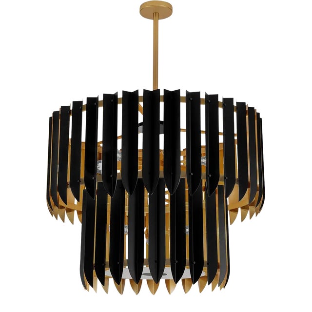 Satin Black With Gold and Opal Acrylic Diffuser Chevron Ceiling Light For Sale