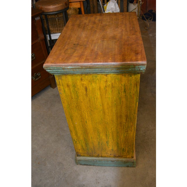 Contemporary 1990s Rustic Heavy Wooden Cabinet / Nightstand W/ Green Trim Patina & Single Glass Door For Sale - Image 3 of 18
