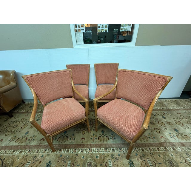 Design Plus Gallery presents a Set of Four Prescott Dining Chairs by Orlando Diaz-Azcuy for McGuire Furniture. This set...