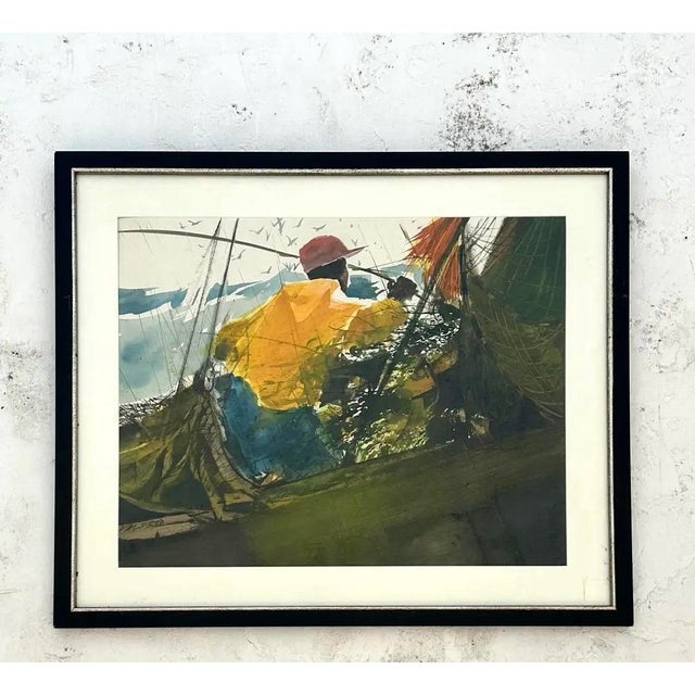 This Vintage Abstract Watercolor Painting captures a moment of serene contemplation as a man engages in the timeless...