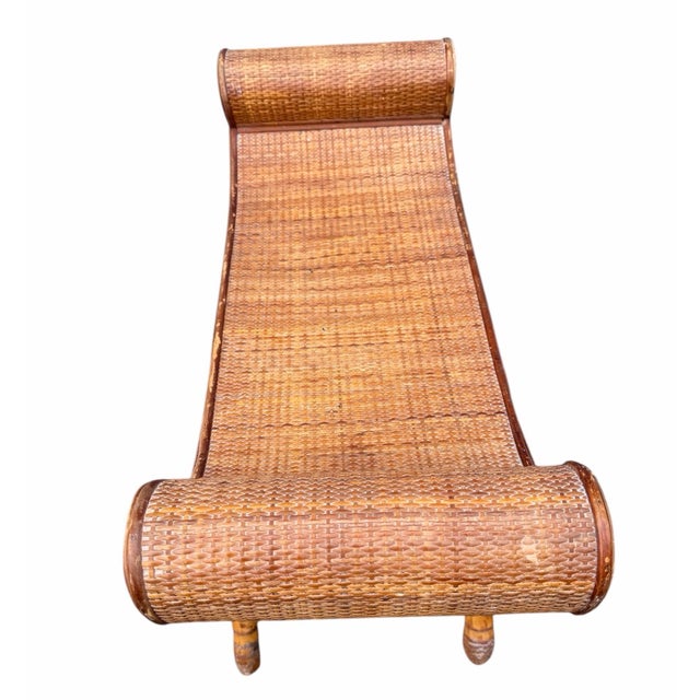 Boho Chic Vintage Tortoise Bamboo and Rattan Weave Scrolling Curved Bench For Sale - Image 3 of 8
