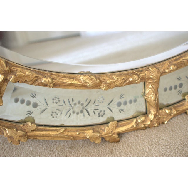 Gold Vintage Hollywood Regency Gold Gilt Oval Mirror W / Etched Floral Bevel Glass Border, Leaf & Acorn Ornate Frame- 50" For Sale - Image 8 of 18