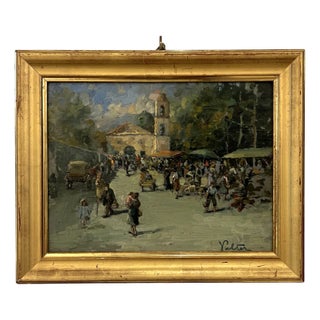 Valter, Busy Market Place, Oil on Canvas & Cardboard, 1890s-1910s, Framed For Sale