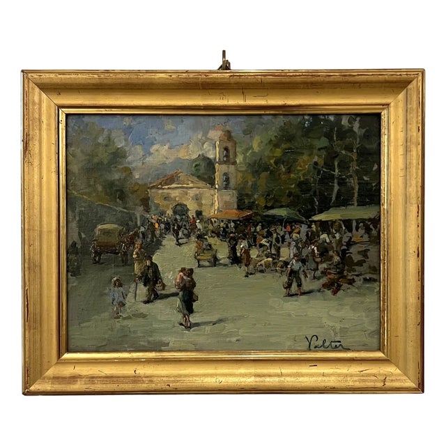 Valter, Busy Market Place, Oil on Canvas & Cardboard, 1890s-1910s, Framed For Sale