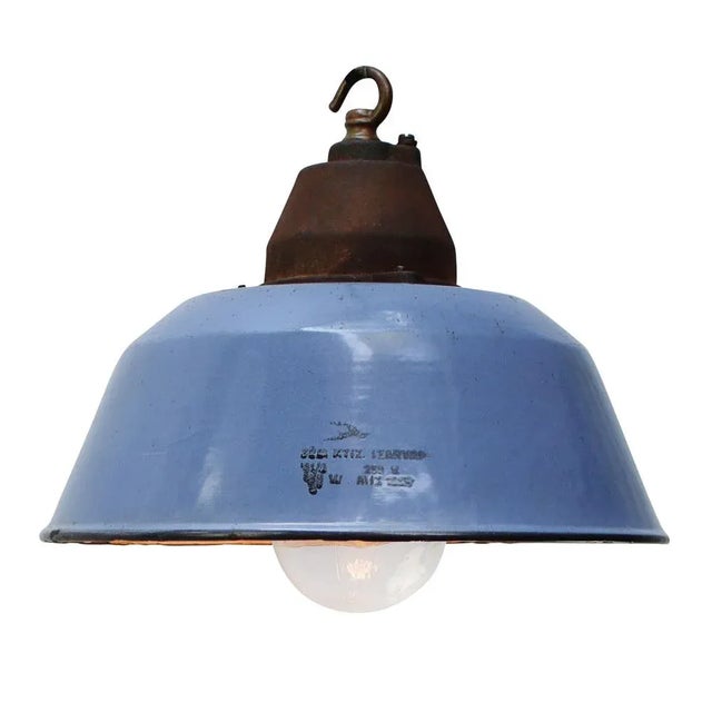 Vintage Industrial Blue Enamel, Clear Glass and Cast Iron Pendant Light For Sale - Image 5 of 6